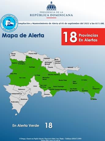 COE aumenta a 18 el número de provincias bajo alerta verde por aguaceros