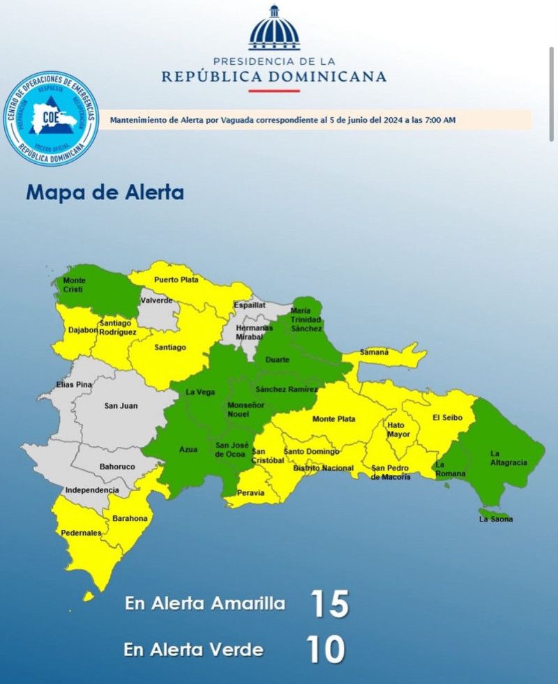 El COE mantiene 15 provincias en alerta amarilla y 10 en verde por lluvias