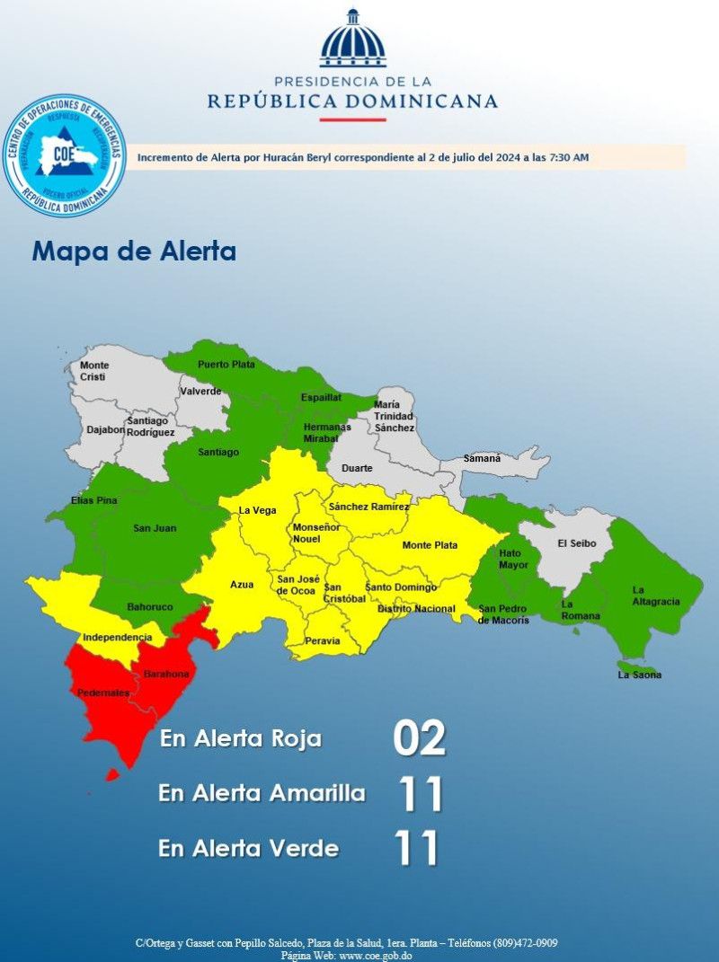 Barahona y Pedernales siguen en alerta roja por Beryl; otras 22 provincias en amarilla y verde Barahona y Pedernales siguen en alerta roja por Beryl; otras 22 provincias en amarilla y verde