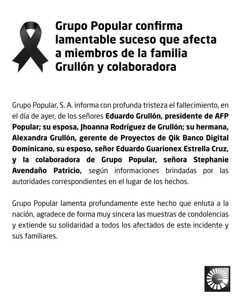 Banco Popular confirma el deceso de miembros de la familia Grullón en tragedia del Jet Set