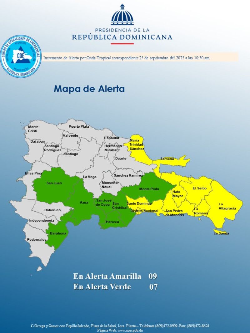 Colocan 9 provincias en alerta amarilla y 7 en verde por lluvias de onda tropical y vaguada Colocan 9 provincias en alerta amarilla y 7 en verde por lluvias de onda tropical y vaguada