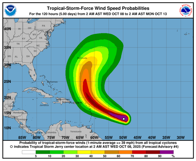 La tormenta Jerry podría convertirse en huracán el jueves camino a las Islas de Sotavento