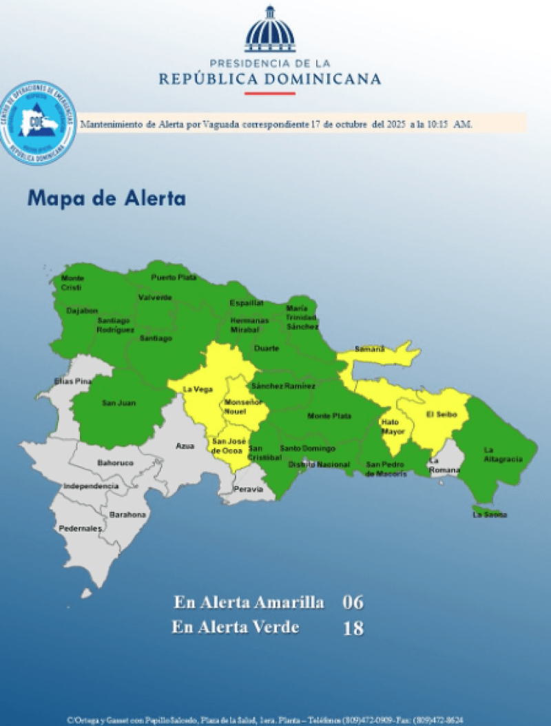 COE: Seis provincias en alerta amarilla y 18 en verde por lluvias COE: Seis provincias en alerta amarilla y 18 en verde por lluvias