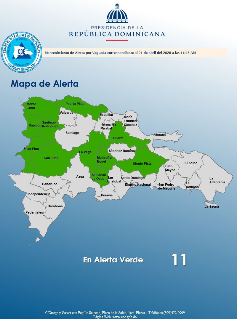 COE mantiene 11 provincias en alerta verde por lluvias
