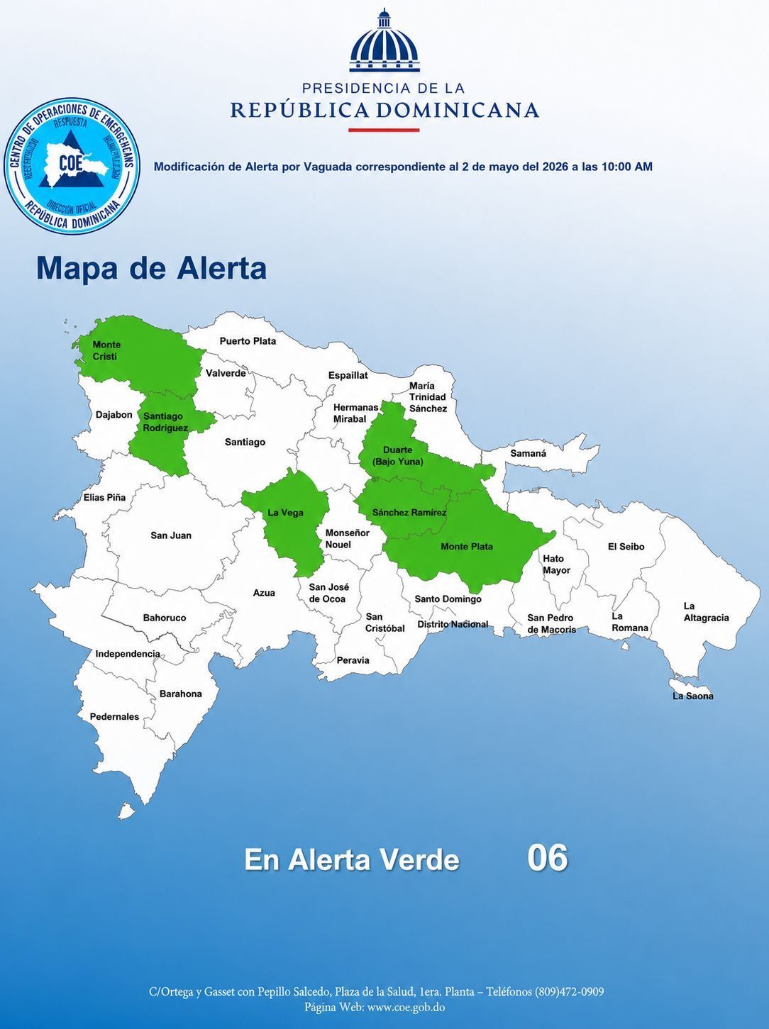 COE mantiene seis provincias en alerta verde por condiciones meteorológicas