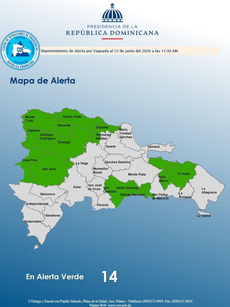 COE mantiene 14 provincias en alerta verde por lluvias