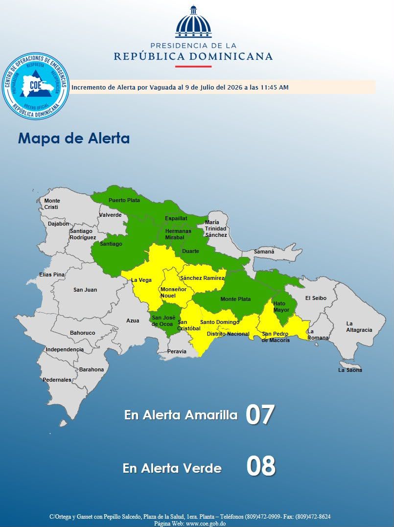 COE eleva a siete las provincias en alerta amarilla y mantiene ocho en verde por lluvias