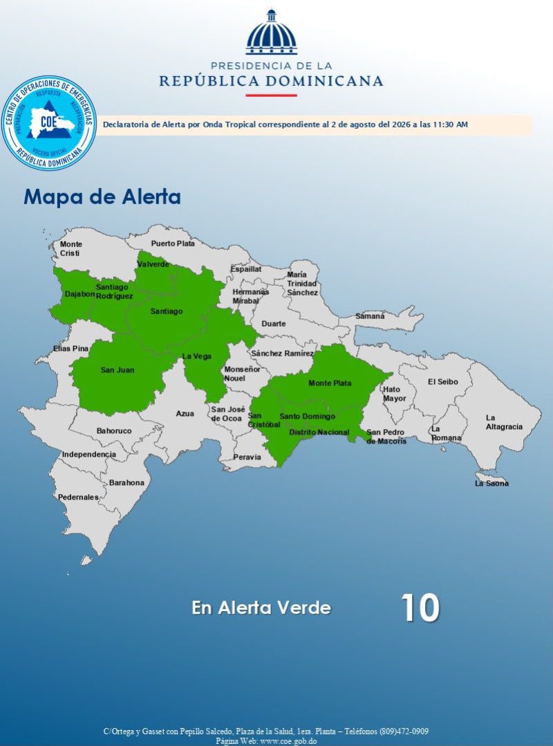 Gran Santo Domingo y otras 8 provincias en alerta verde por vaguada y onda tropical