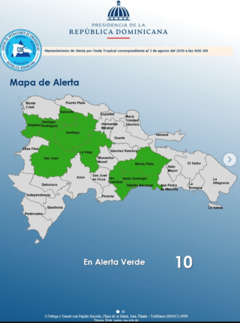 Nueve provincias y Distrito Nacional en alerta verde por onda tropical y vaguada en RD Nueve provincias y Distrito Nacional en alerta verde por onda tropical y vaguada en RD