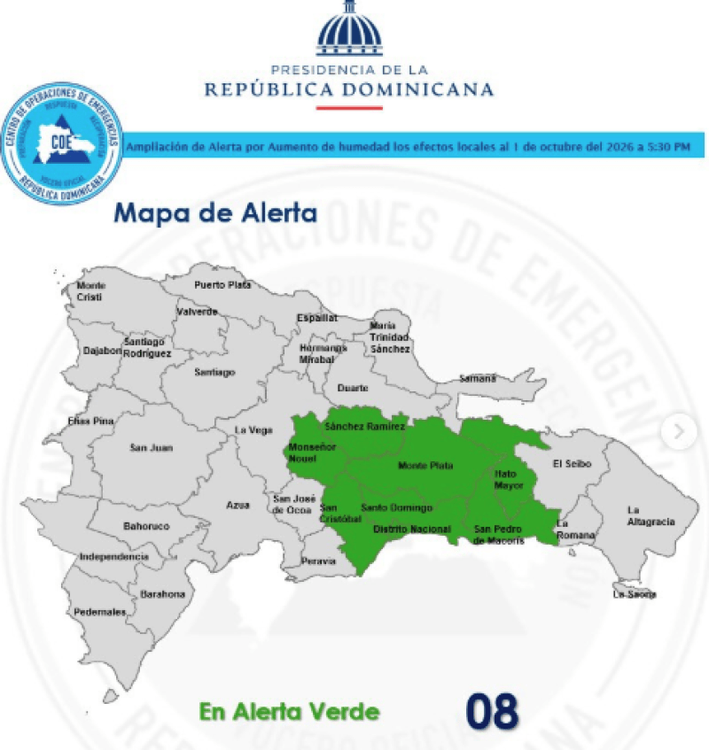 COE coloca siete provincias y el Distrito Nacional en alerta verde por aproximación de vaguada COE coloca siete provincias y el Distrito Nacional en alerta verde por aproximación de vaguada