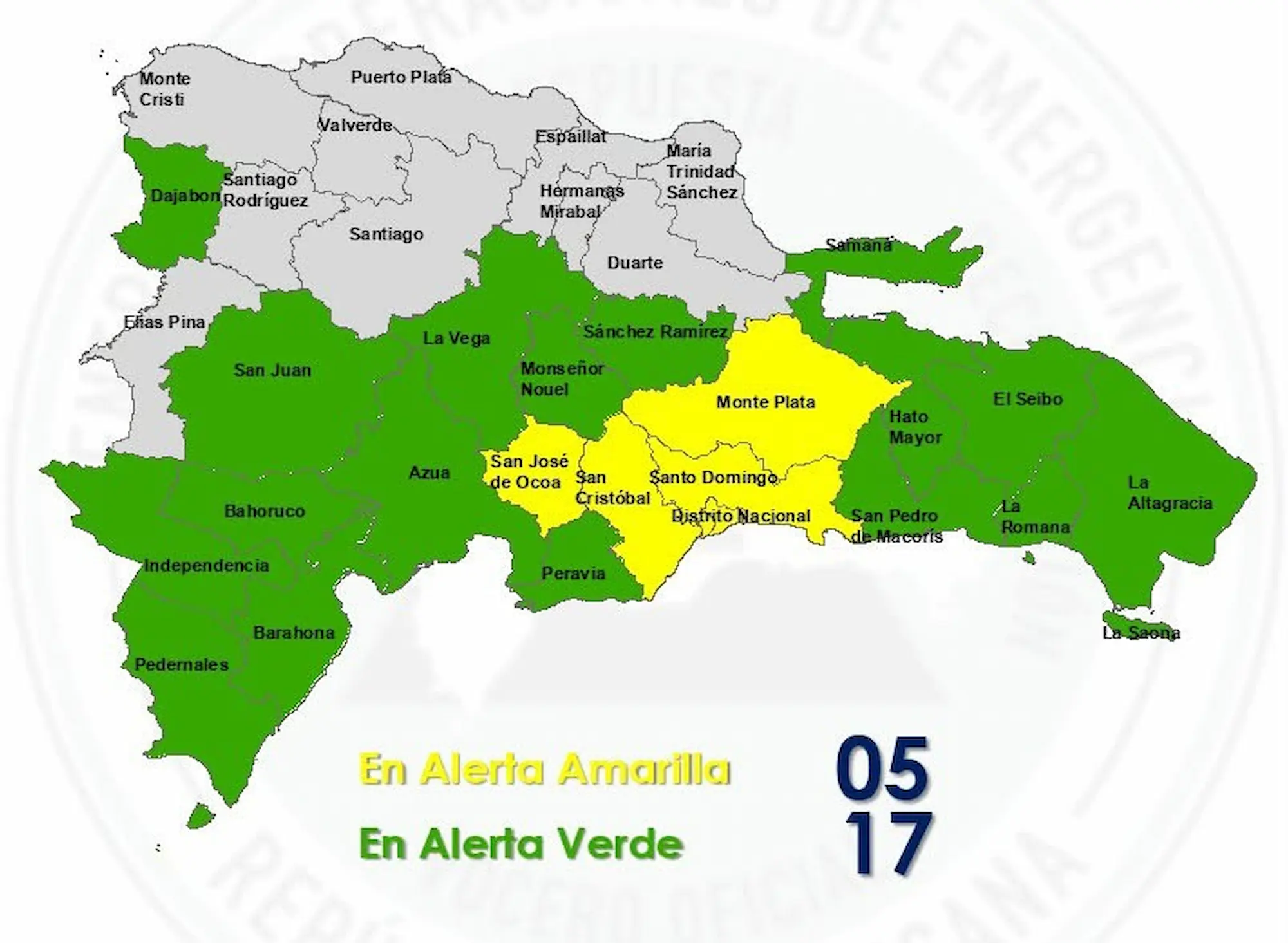COE reduce a cinco las demarcaciones en alerta amarilla y mantiene 17 provincias en verde COE reduce a cinco las demarcaciones en alerta amarilla y mantiene 17 provincias en verde